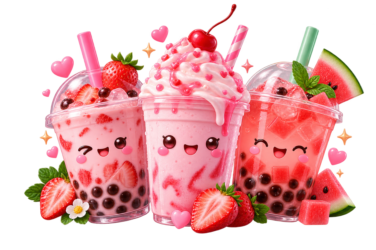 Drei süße UWU-Café-Drinks mit Erdbeeren, Bubble Tea und Wassermelone