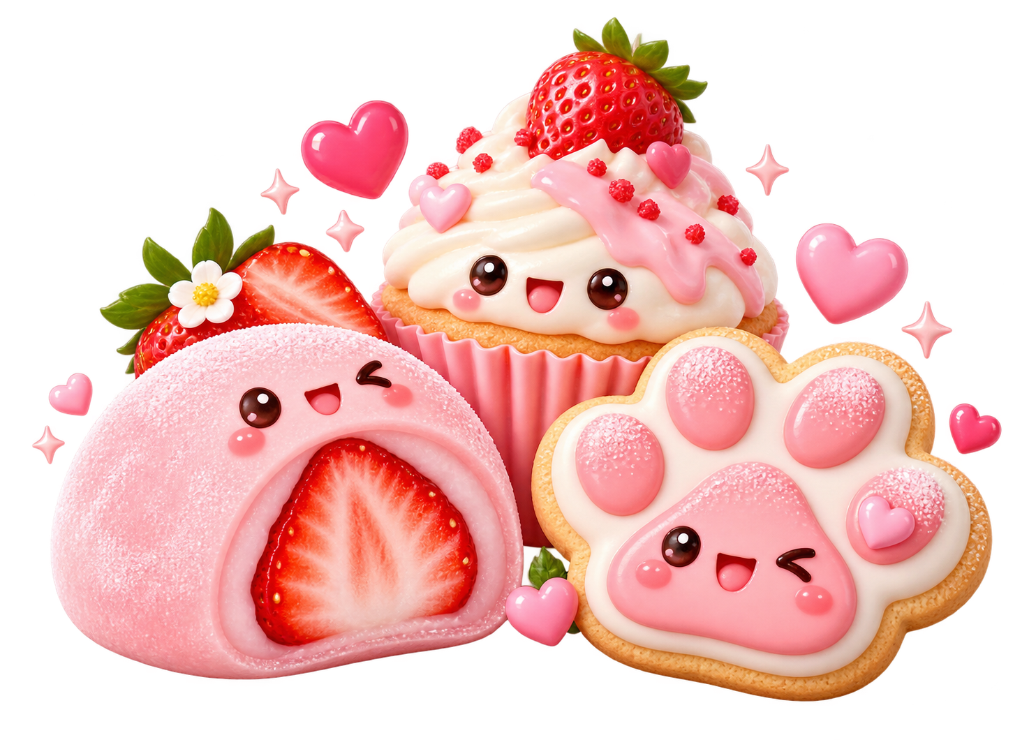 Süße UWU-Café-Snacks mit Mochi, Cupcake und Pfoten-Keks